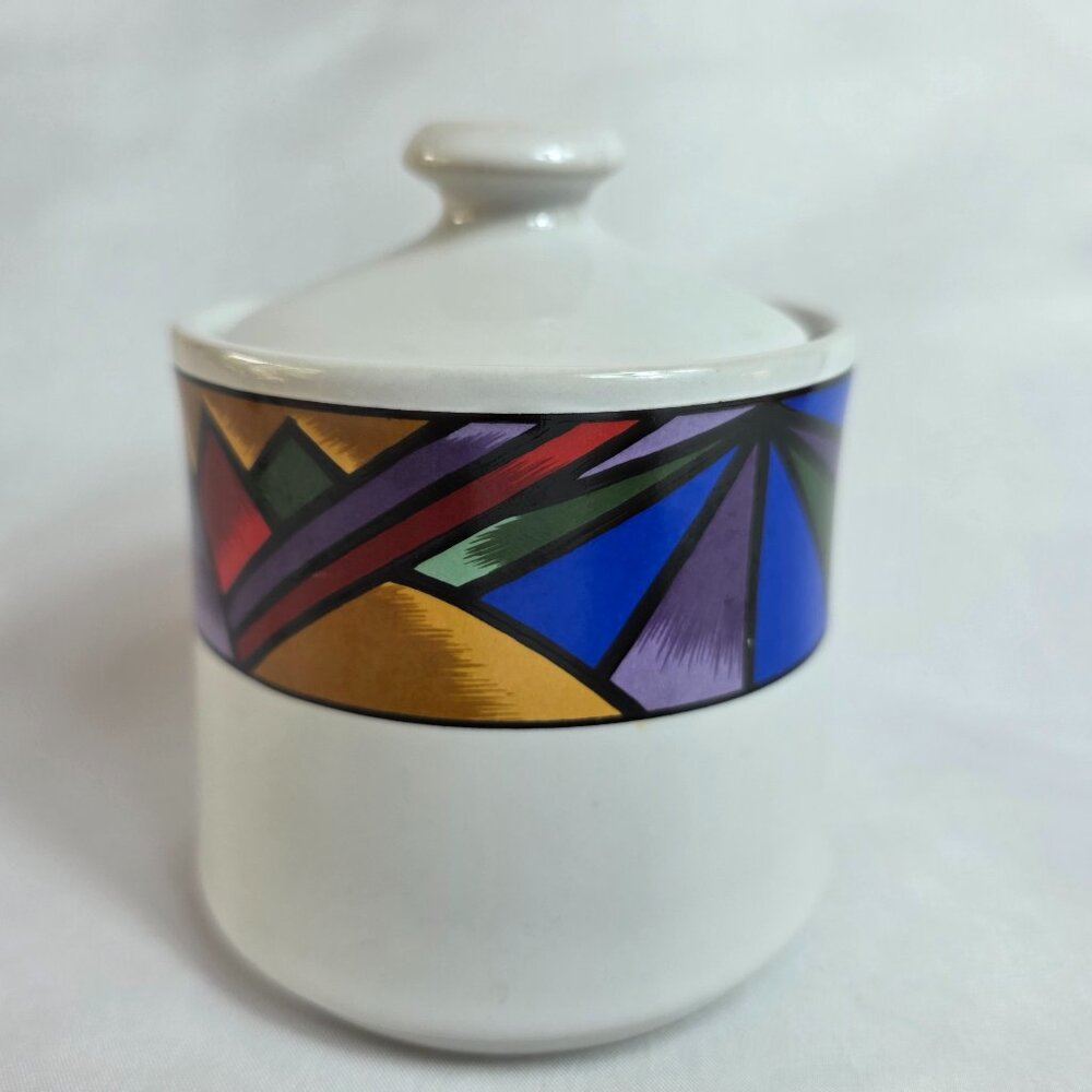 Sakura Sunset Mountain Sugar Bowl with Lid White with Multicolor Border